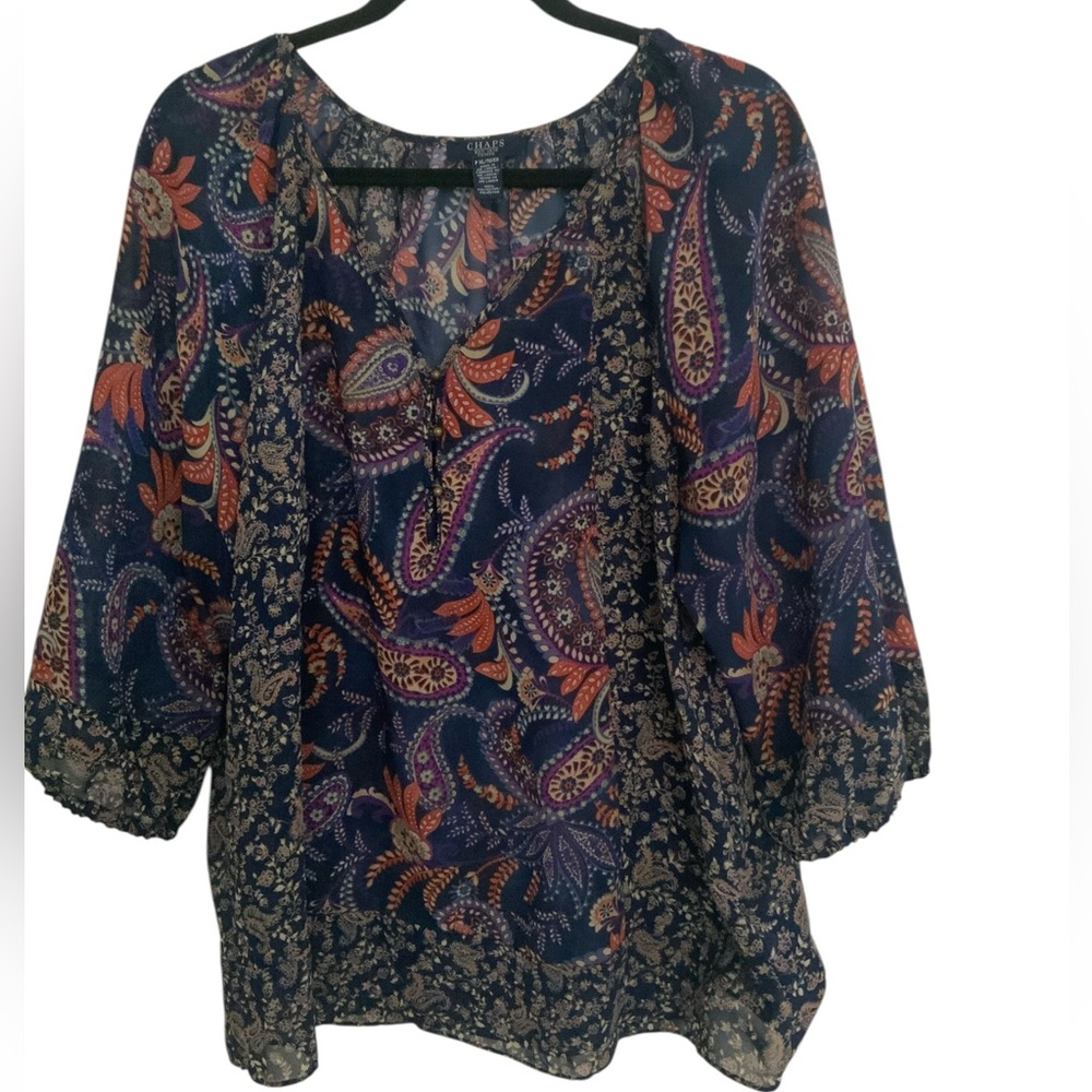 Chaps Blue and Orange Paisley Blouse PXL 3/4 Sleeve Boho